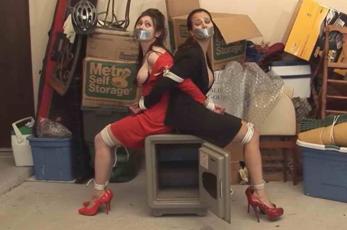 Secretaries Natasha Flade And Julia Faire Tied Back To Back Topless Tapegagged In Garage